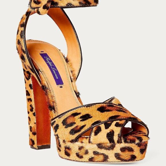 Ralph Lauren Collection Leopard Print Kelsey Pony Hair Calf Platform Sandal - Picture 1 of 16